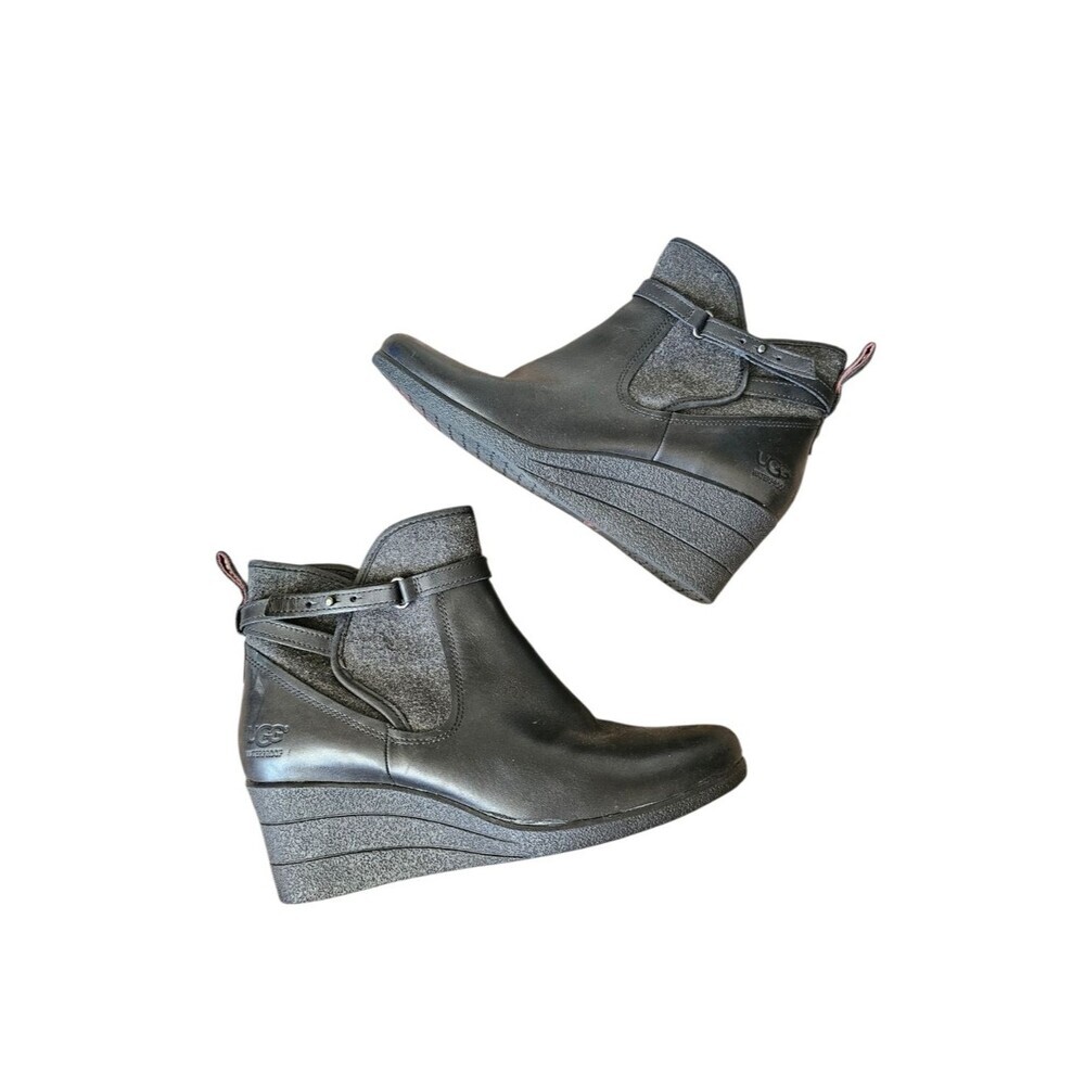 UGG Leather Black Wedge Slip-On Boots